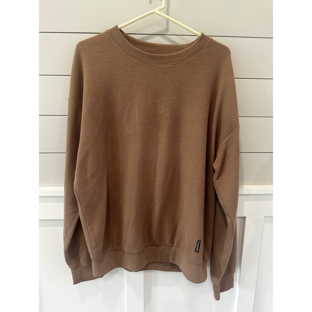 Comfrt Brown Waffle Knit Crewneck Sweatshirt Mens Large Oversized Relaxed Fit